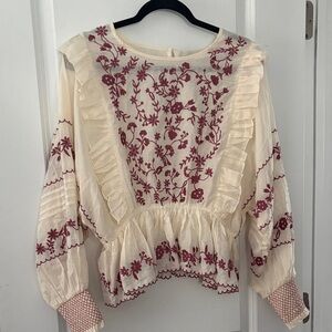 Calypso St. Barth Ivory Blouse with Burgundy Embroidery
